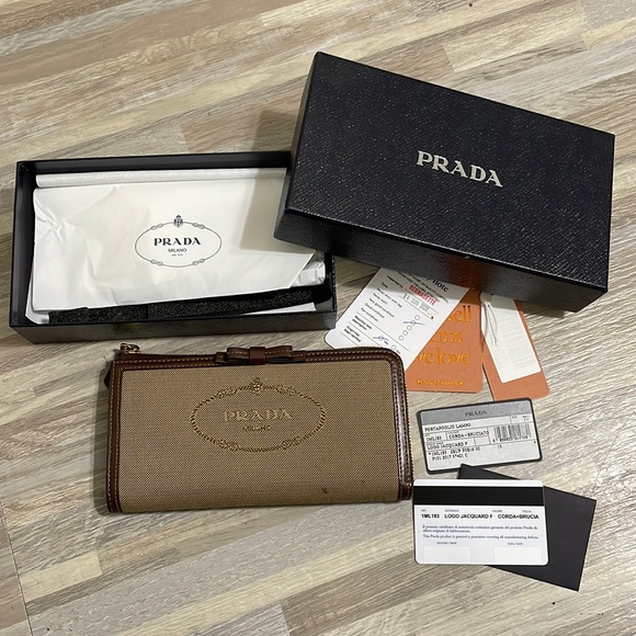 Prada | Bags | Authentic Prada Logo Jacquard Corda Bruciato Long Wallet ...